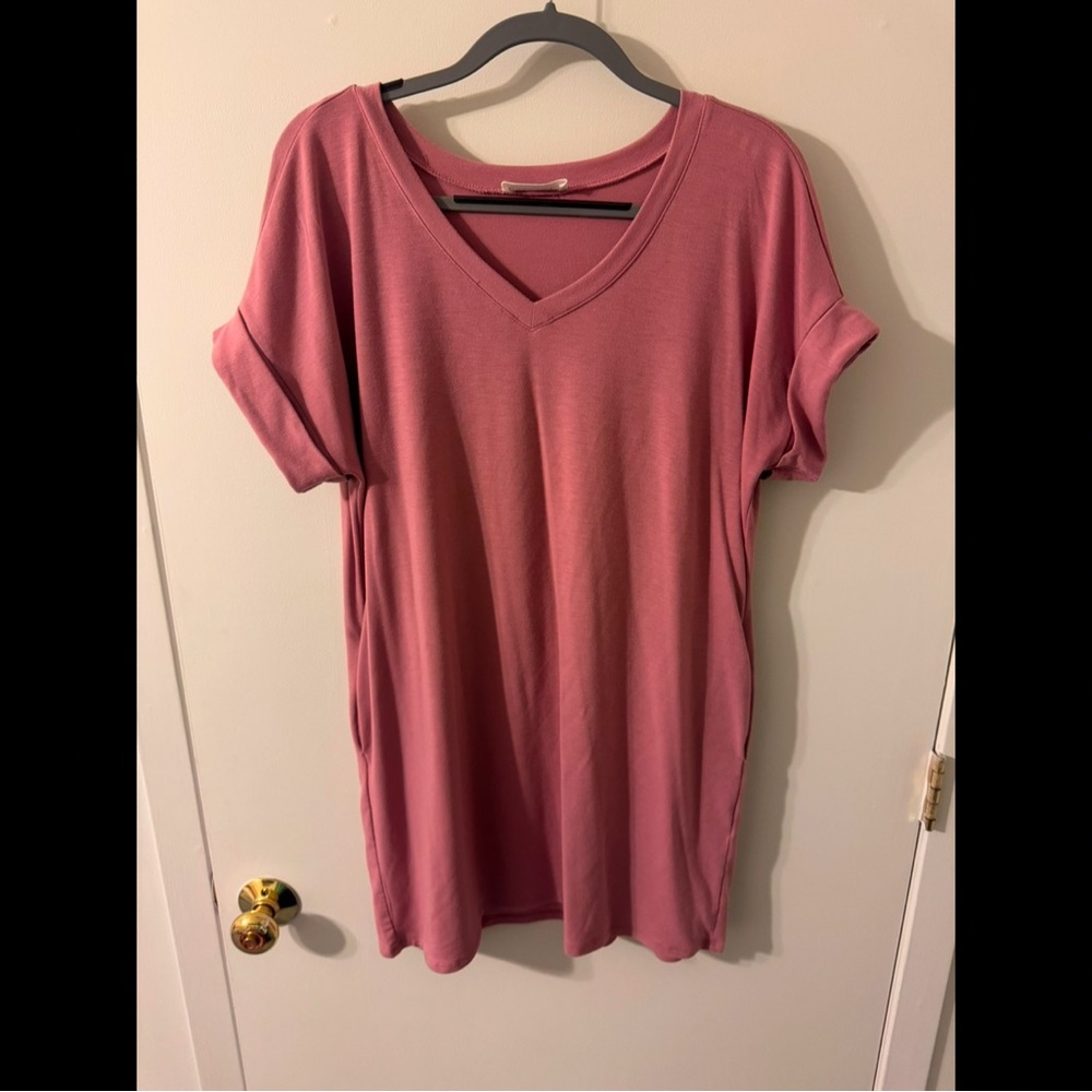 Zenana Outfitters Pink Relaxed Oversized V-Neck Cuffed Sleeve Tunic
